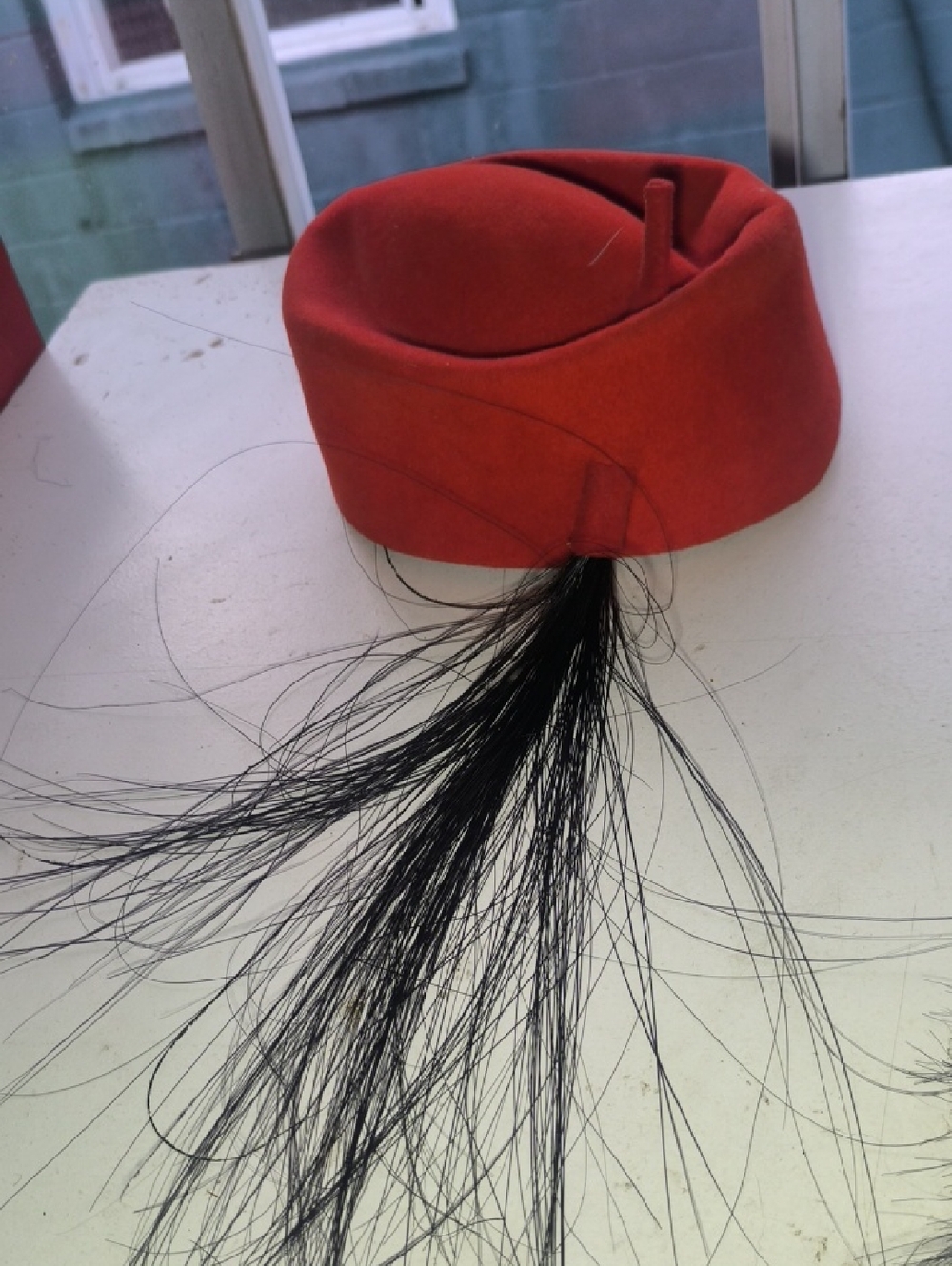 Red Felt Pillbox Hat with Black Horsehair Trim Vintage Small
